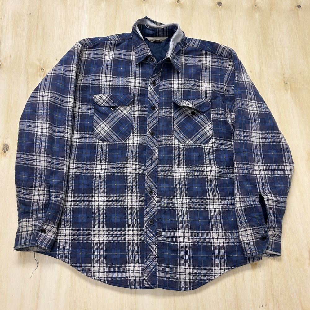 Vintage Timber Run Shirt Jacket Mens XL Blue Plaid Flannel Quilted Lined Outdoor